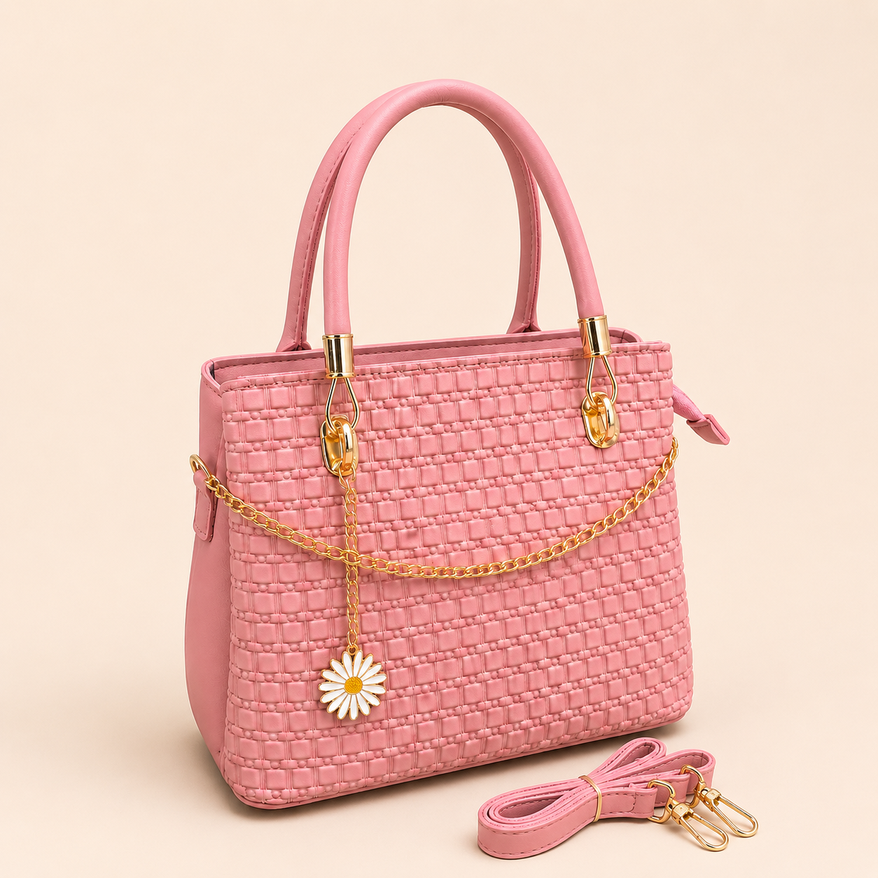 Pink Woven Daisy Handbag