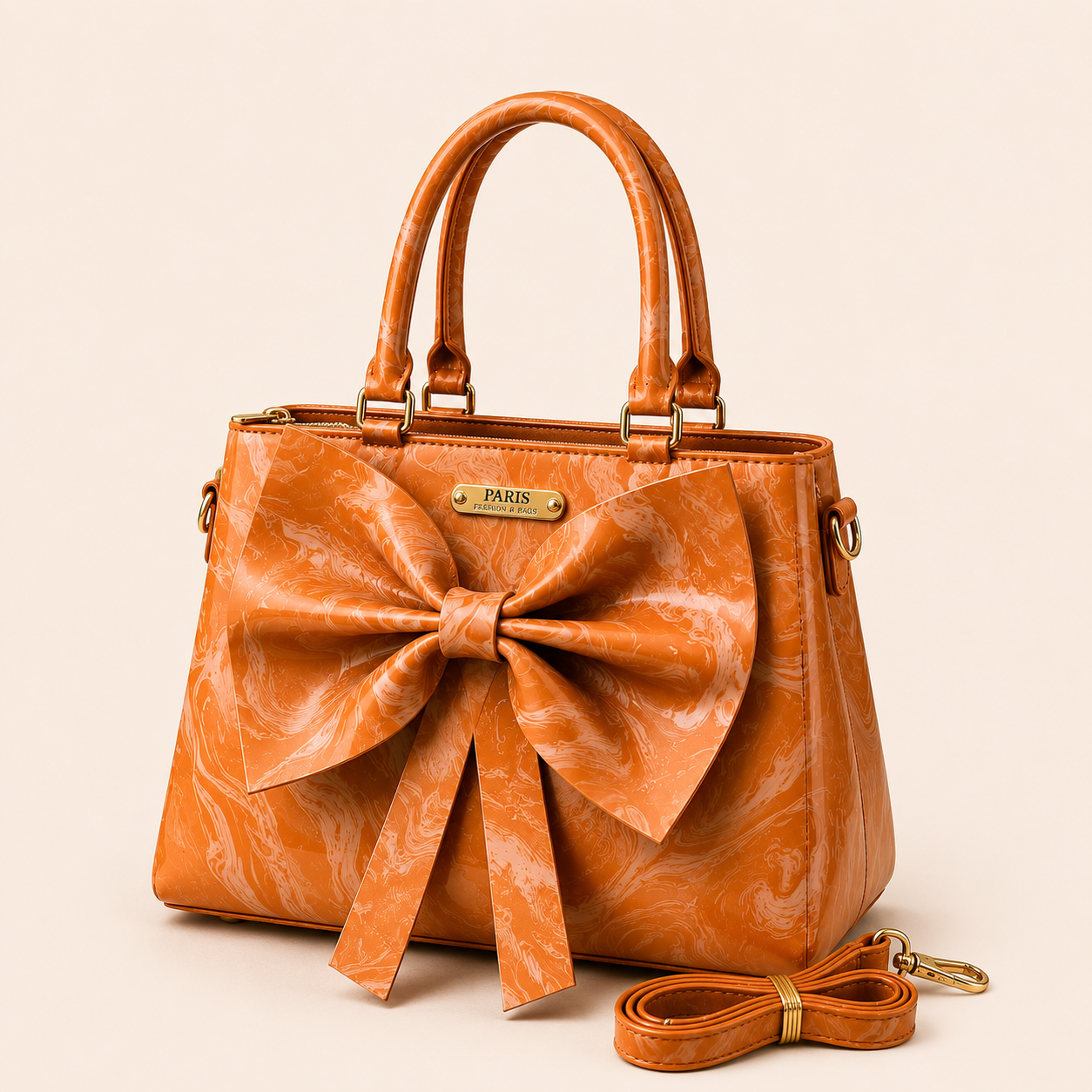 Tan Marble Bow Handbag