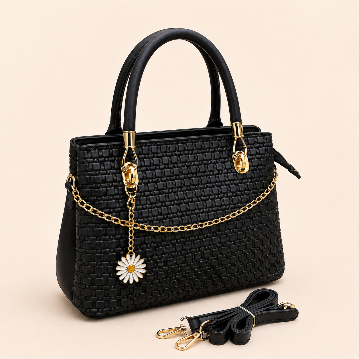 Black Woven Daisy Handbag