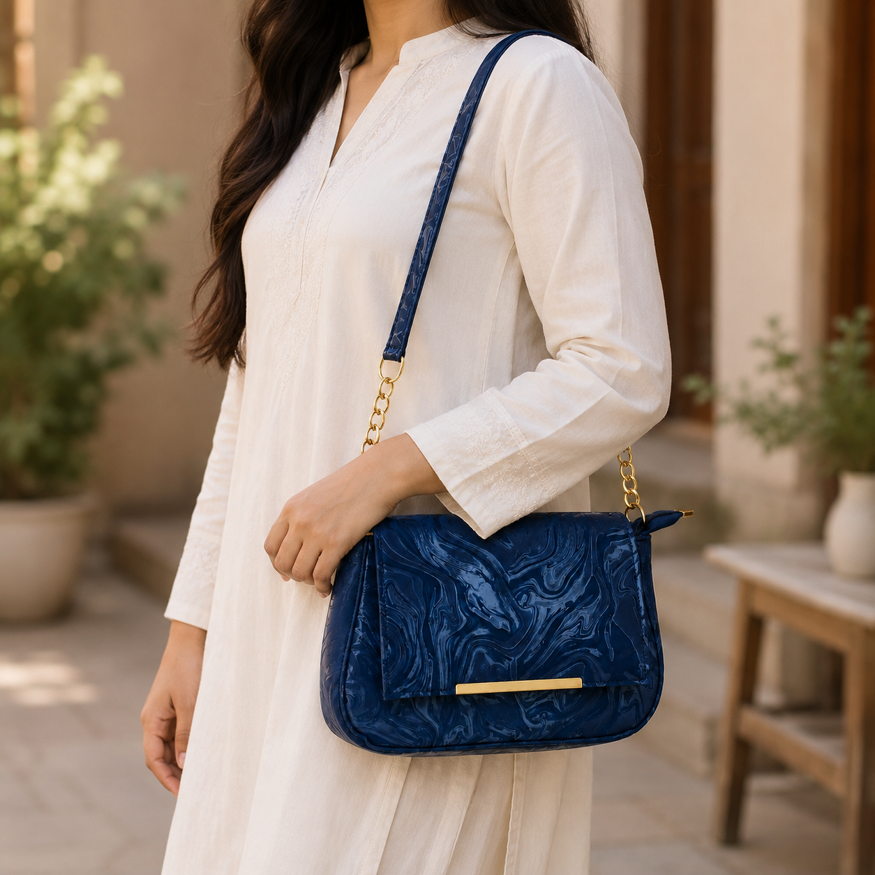 Navy Marble Shoulder Bag