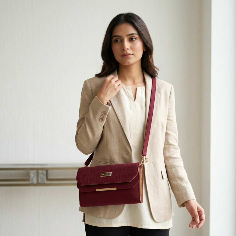 Woman carrying a red handbag in an indoor setting