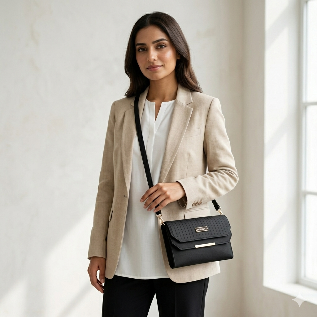 Woman in a beige blazer holding a black handbag in a bright room.