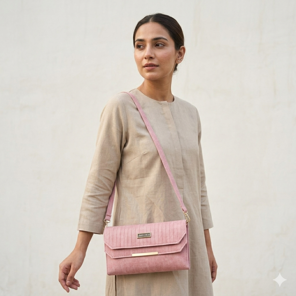 Woman carrying a pink crossbody bag against a plain background