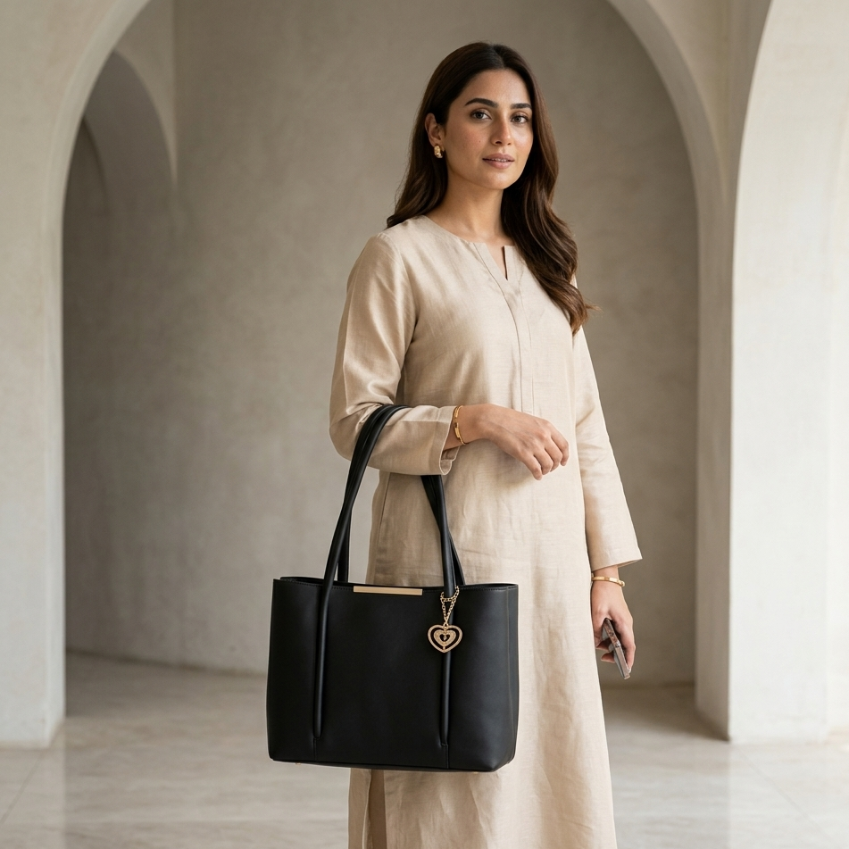 Woman holding a black handbag in an archway