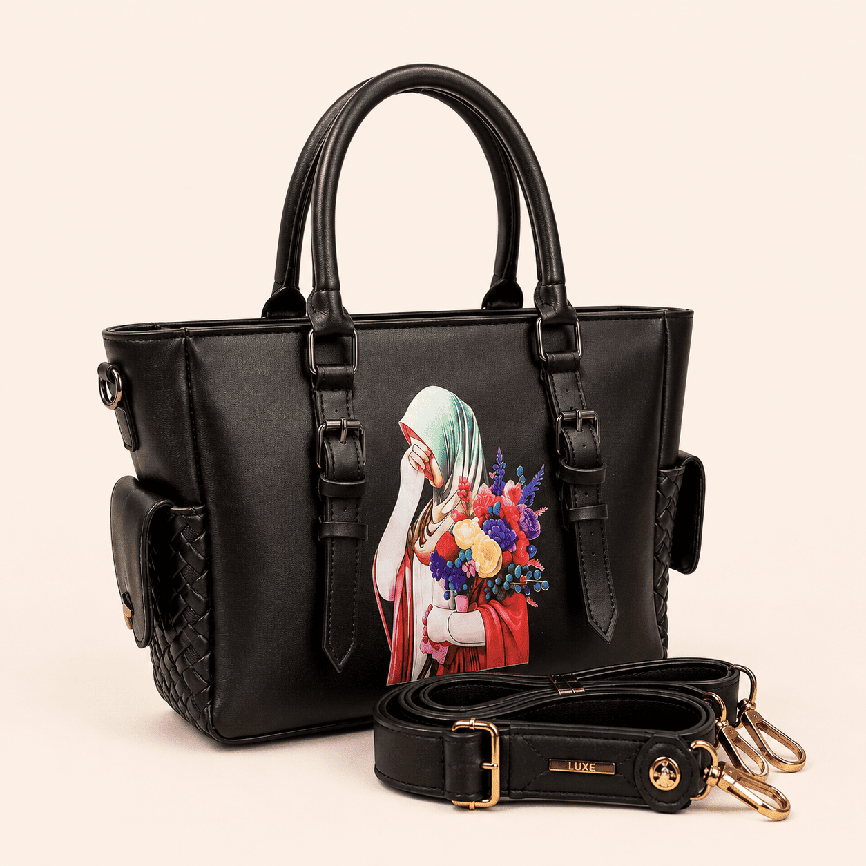 Black Graphic Tote Bag - PearMuse
