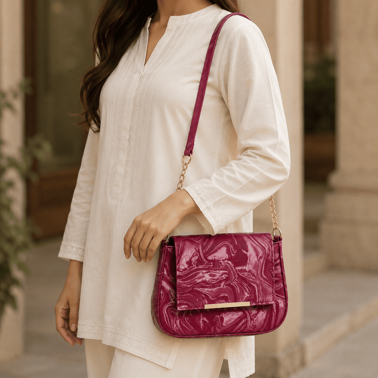 Burgundy Marble Shoulder Bag - PearMuse