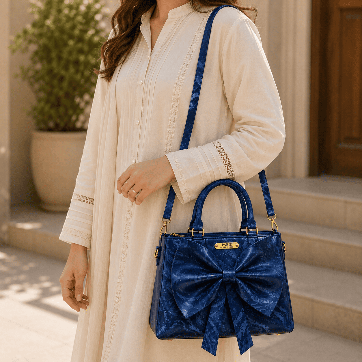 Navy Marble Bow Handbag - PearMuse