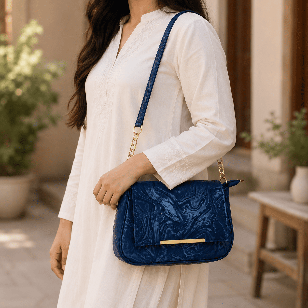 Navy Marble Shoulder Bag - PearMuse