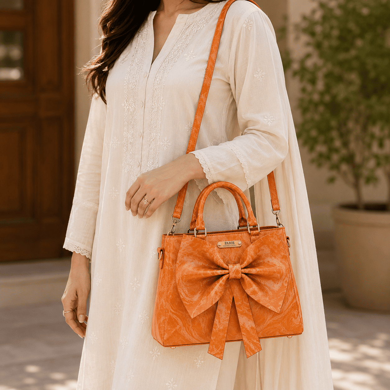 Tan Marble Bow Handbag - PearMuse