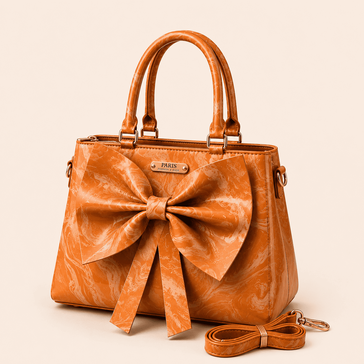 Tan Marble Bow Handbag - PearMuse